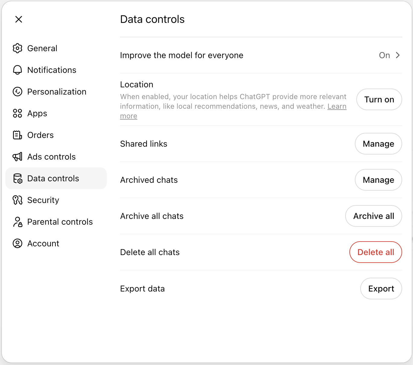 ChatGPT Settings → Data Controls page with the Export data row visible