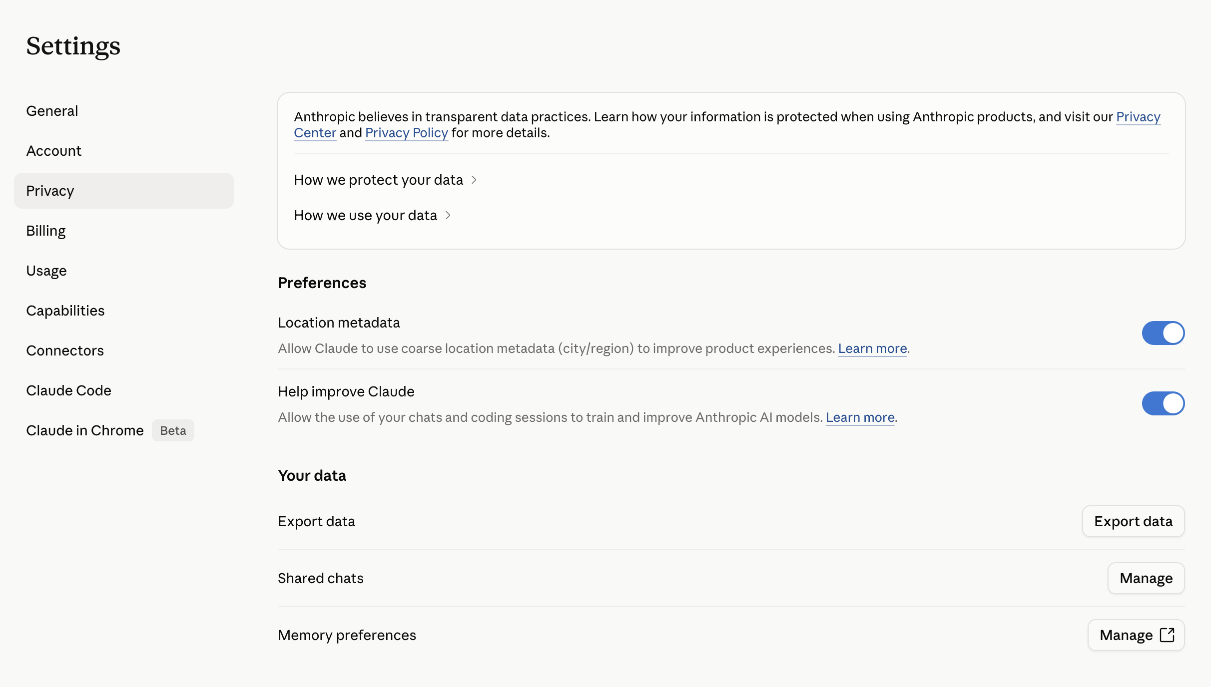 Claude Settings → Privacy page with Your data section and Export data button